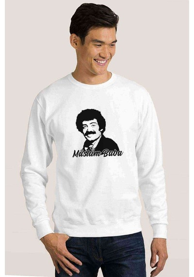 Müslüm Baba Baskılı Beyaz Erkek Örme Sweatshirt