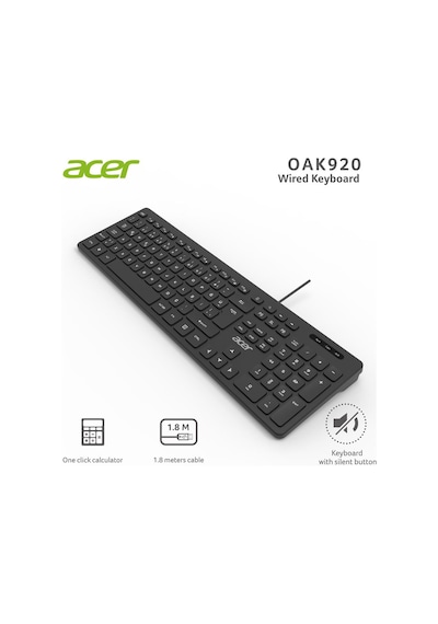 Acer Oak920 Q Usb Siyah 1.8mt Kablolu Klavye-tek Tuş Hesap Makinalı Sessiz Tuş