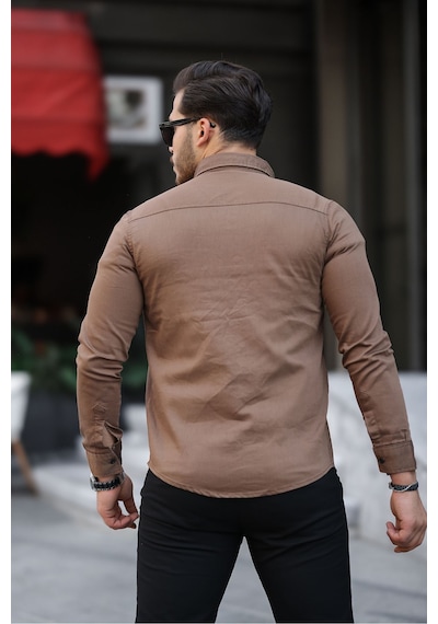Mero Life Erkek Kahverengi Slim Fit Dar Kesim Kot Gömlek Kahverengi