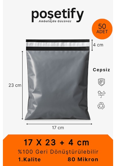 Gri Cepsiz Kargo Poşeti 17x23+4 Cm Yapışkan Bantlı Kargo Zarfı 50 Li E-ticaret Poşeti