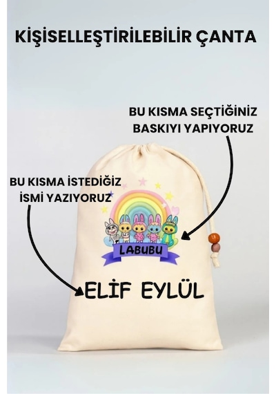 Kız Çocuk Kıyafet Kesesi Çocuklara Özel İsim Yazılı Baskılı İp Kapamalı Kişileştirilebilir 30x40 Cm Renkli