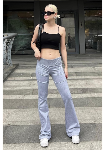 Madmext Grimelanj Beli Fitilli Yüksek Bel İspanyol Paça Pantolon Mg2096-grimelanj Gri Melanj