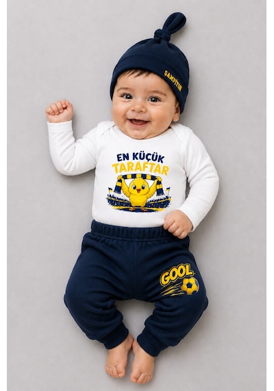 Babyden's %100 Pamuk Sarı Lacivert En Küçük Taraftar 3'lü Yenidoğan Bebek Takımı Uzun Kollu Body Pantolon Şapka Set