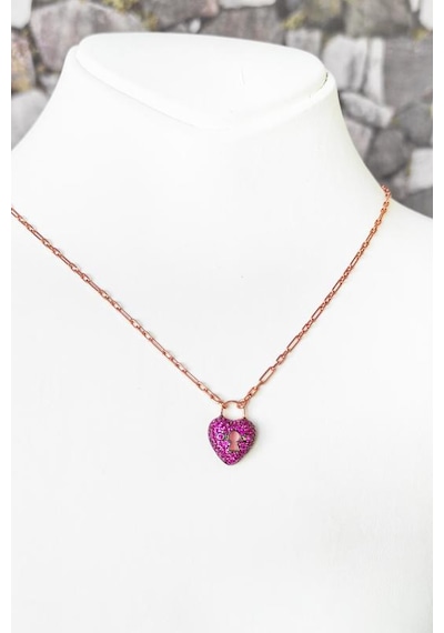 Pembe Taşlı Kilit Kalp Kolye Rose Gold
