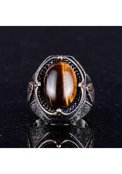 El Yapımı Cabochon Kaplan Gözlü Taş Yüzük - 925k Katı Gümüş Erkek Yüzüğü - Cesur Tasarım Gümüş