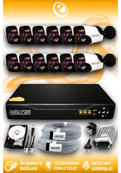 Elitcam 12 Kameralı Panda 12 Dış Kamera Set 2 TB HDD Full HD Gece Görüşlü Güvenlik Kamerası Sistemi