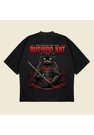 Startmore Bushidocat Baskılı Oversize Unisex Pamuklu Nefes Alan Kalın Kumaşlı Siyah