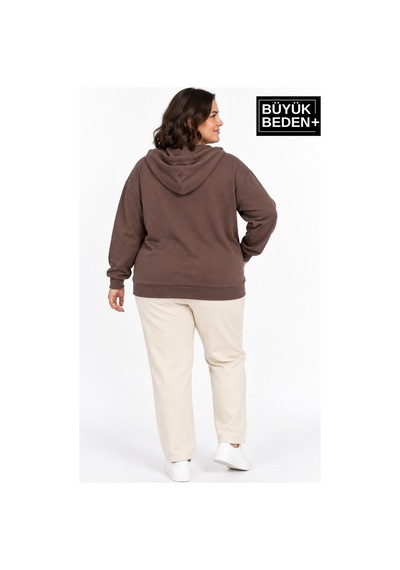 Süperlife Kadın Büyük Beden Fermuarlı Kapüşonlu Cepli Sweatshirt Hırka Rahat Kalıp Spr26bhrk961 Kahverengi