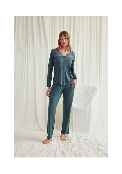 Aria's Closet Arias Closet Yakası Omzu Ve Paçası Dantelli Boydan Düğmeli Pijama Takımı Yeşil