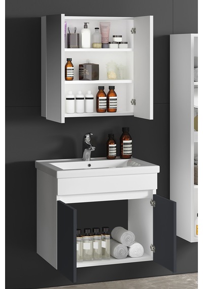 Çiğdem 55+35 Cm Beyaz-füme Balon Mdf Seramik Lavabolu Sepetli Asma Banyo Dolabı Takımı