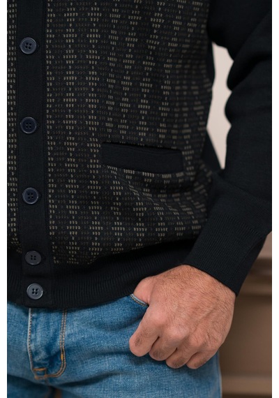 Woolen World Regular Fit V Yaka Ön Cepli Desenli Triko Hırka Lacivert