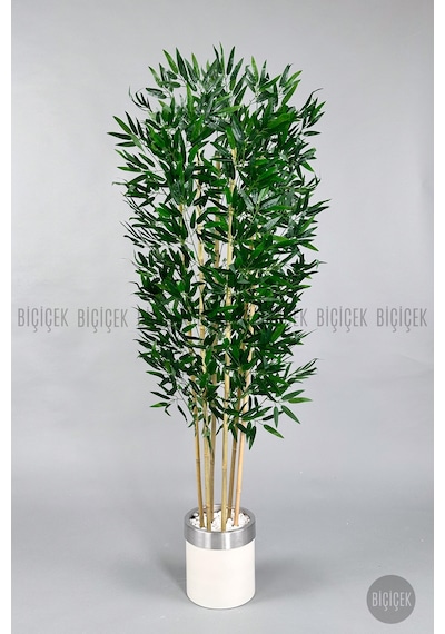 Yapay Bambu Ağacı 170cm Krem Silver Metal Saksıda Krem-silver