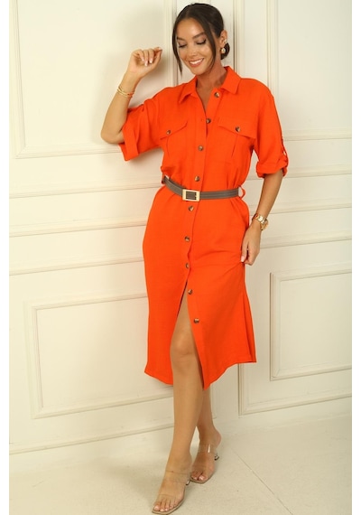 By Saygı Önü Düğmeli Beli Kemerli Çift Cepli Keten Efektli Uzun Elbise-38546-oranj Oranj