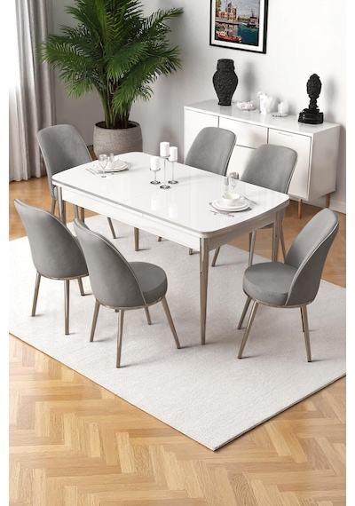 Canisa Nira Serisi 70x114 Mdf Açılabilir Beyaz Masa Takımı 6 Gri Sandalye Krom Detay Masa Beyaz Sandalye Gri Ayaklar Krom Canisa Nira Serisi 70x114 Mdf Açılabilir Beyaz Masa Takımı 6 Gri Sandalye Krom Detay Masa Beyaz Sandalye Gri Ayaklar Krom
