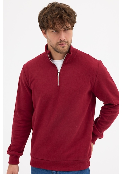 Mmetalic Erkek Bordo Standart Fit Normal Kesim Pamuklu Yarım Fermuarlı Dik Yaka Pamuklu Sweatshirt Bordo