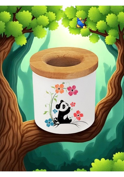 Panda Ve Çiçek Baskılı 3'lü Ahşaplı Seramik Masaüstü Kalemlik Kalem Kutusu Ofis Hediyesi Beyaz