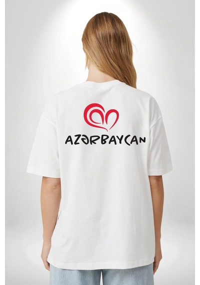 Azerbaycan Seviyorum I Love Azarbaycan Beyaz Oversize Unisex Ön Ve Sırt Baskılı Tişört Beyaz