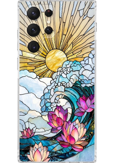 Printify Samsung Galaxy S22 Ultra İle Uyumlu Vitray Okyanus Sabahı Tasarımlı Şeffaf Silikon Kılıf Şeffaf