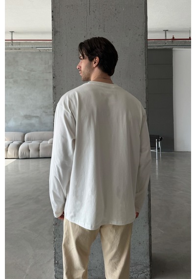 Erkek Oversize Uzun Kollu Basic T-shirt Beyaz