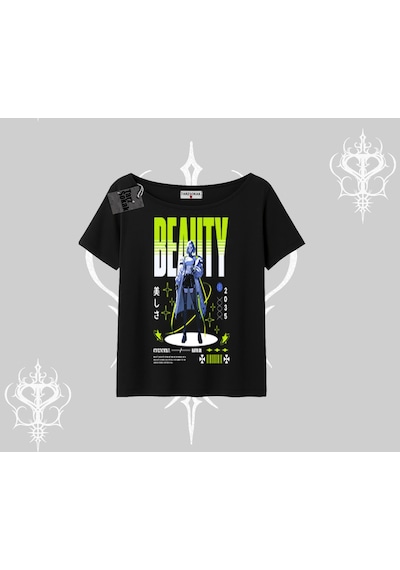 Tarzsokak Kayık Yaka Tshirt Anime Unity Neon Detaylı Grafik Baskılı Siyah