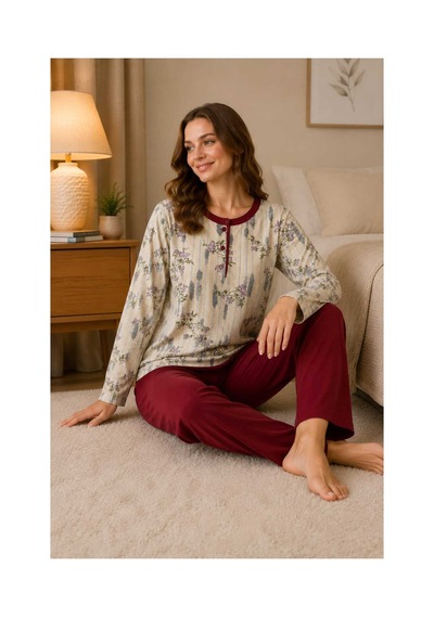Tenra Rahat Kalıp Çiçek Desenli Kadın Pijama Takımı %100 Pamuk Kırmızı