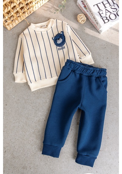 Babymod Erkek Bebek Ayıcık Figürlü Çizgili Krem Sweatshirt Ve Lavivert Alt Eşofman Takımı Lacivert