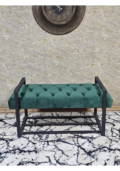 Zafir Siyah Boyalı Metal 80 Cm Puf Bench - Antre Puf - Hol Bench - Puf - Oturak - Bench Yeşil