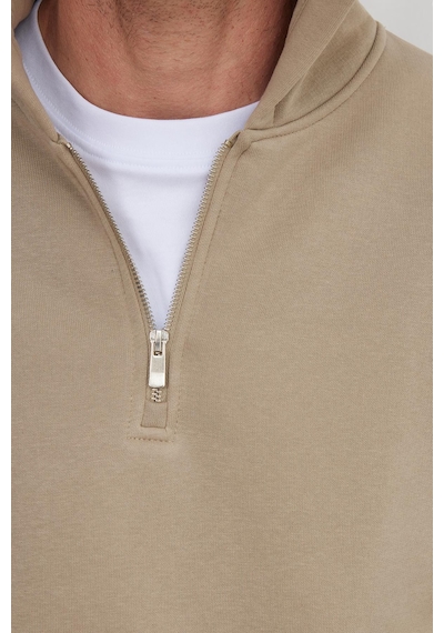 Tudors Unisex Relax Fit Rahat Kesim Pamuklu İçi Polarlı Yarım Fermuarlı Taş Renk Kapüşonlu Sweatshirt-37024 Gri