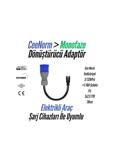 Bemis Elektrikli Araç Şarj Uyumlu Ceenorm Adaptör 3/32a Priz 1/16a Fiş 3/32a Priz 1/16a Fiş