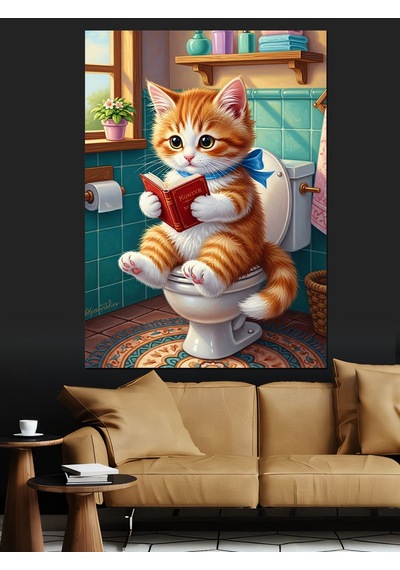 Ahşap Tablo Tuvalette Kitap Okuyan Kedi