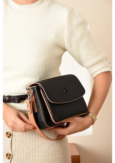Just Polo Kadın Orta Boy Kabartma Baskılı Lüks Ve Şık El & Omuz Çantası Shoulder Bag Siyah - Taba