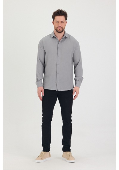 Cool Tarz Erkek Slim Fit Dar Kalıp Uzun Kol Pamuklu Keten Efekt Gömlek Gri Gri