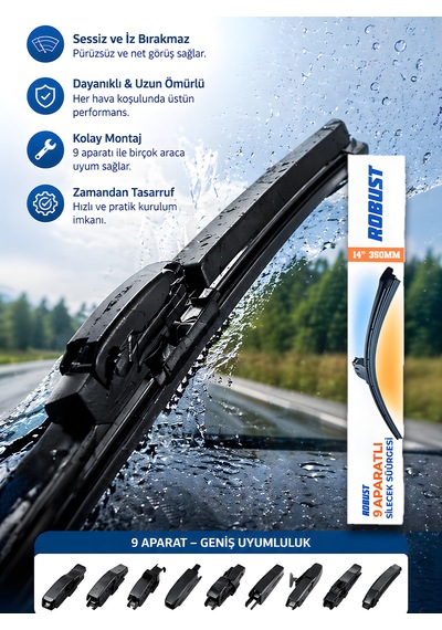 35 Cm 1 350mm Universal Oto Sileceği 9 Aparatlı Sessiz Çalışma İz Bırakmaz Premium Kalite