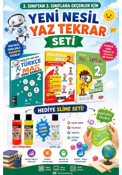 2.sınıftan 3.sınıfa Geçenler İçin Yeni Nesil Sorularla Yaz Tekrar Seti Slime Set Hediyeli