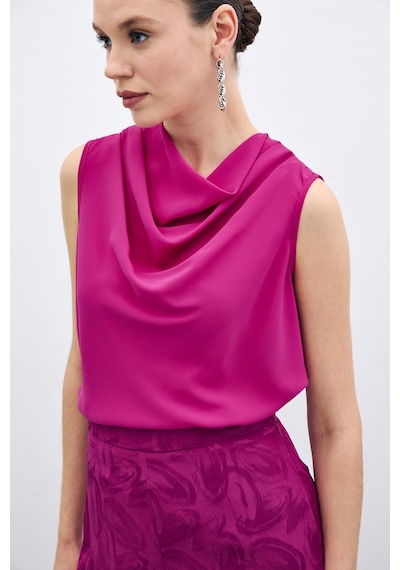 Sateen Degaje Yaka Kolsuz Bluz - Fuşya