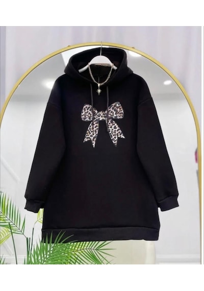 Lovie Moda Kadın Leopar Fiyonk Baskılı Sweatshirt Siyah