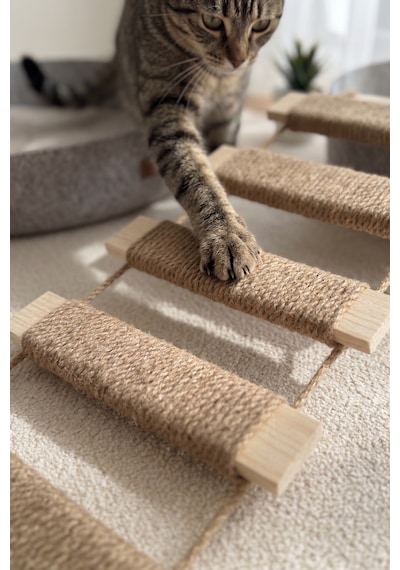Ahşap Kedi Tırmanma Merdiveni Ve Duvar Köprüsü - Jüt İpli, 13 Basamak, 150 Cm