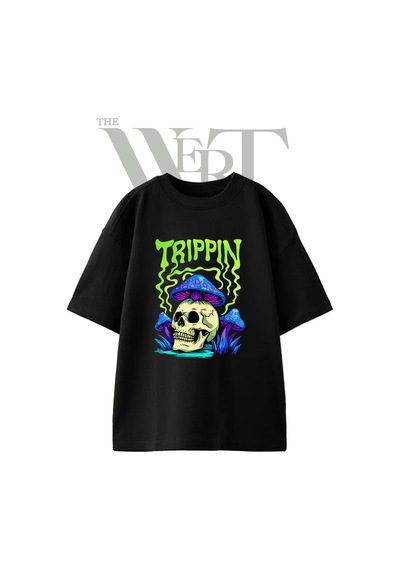 Thewert Psikedelik Kuru Kafa Tasarım Baskılı Ünisex Siyah Oversize T-shirt