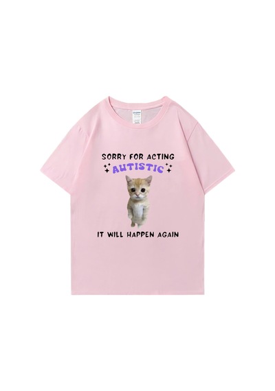 Flood Of Style Sıcak Satış Otizm Kedi Komik Grafik Baskı T-shirt Erkek Kadın Casual Tops Kısa Kollu Giysiler Pembe