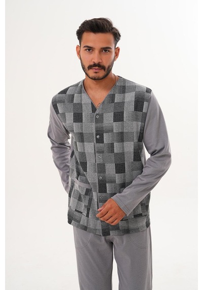 Çift Kaplan Erkek Çilli Desen Önden Düğmeli Gri Pijama Takımı 8032 Gri