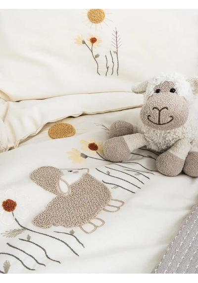 Little Sheep Nakışlı Bebek Nevresim Seti, %100 Pamuk Kumaş Organik Pamuk Örtlülü Bebek Nevresimi Bej