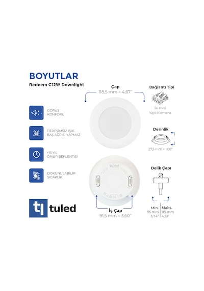 Redeem C12W Downlight, Titreşimsiz, Göz Konforu, 747 Lümen, Ilık Beyaz, 3000 Kelvin Beyaz