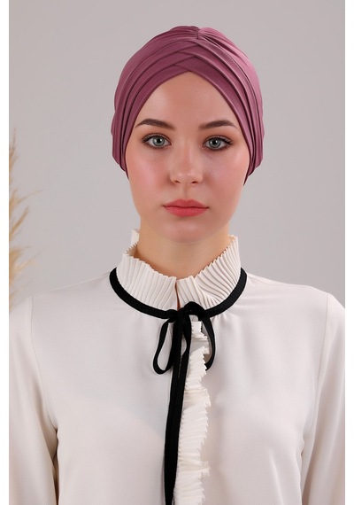 Melodi Scarf Kadın Üç Bantlı Çapraz Hazır Türban Dış Bone Mor Mor