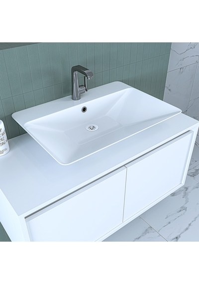 Banos Banyo Roomart Lavabolu Mat Beyaz Mdf 100Cm Banyo Dolabı+Ayn Mat Beyaz