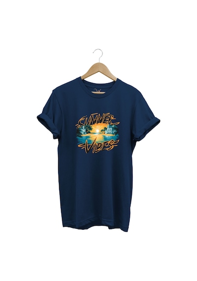 Summer Vibes Baskılı Yazlık Tatil Deniz %100 Pamuk Regular Fit Bisiklet Yaka Lacivert T-shirt Lacivert
