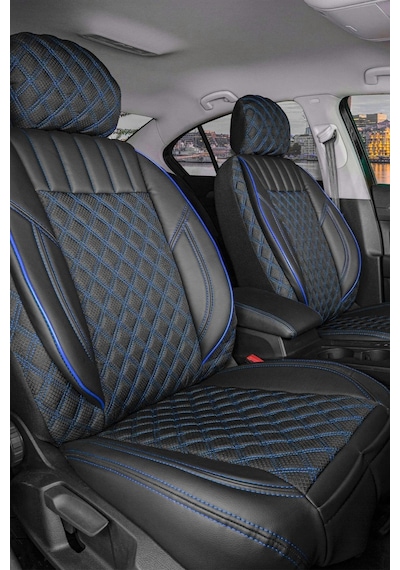 Renault Clio 3 Hatchback Yarı Deri Oto Koltuk Kılıfı Siyah Mavi Petra Serisi