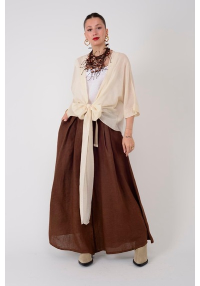 Eren Style Ham Keten Belden Bağlamalı Kruvaze Bluz-10103 Bej