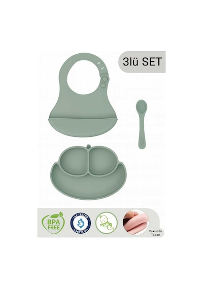 Mit Yeşili Silikon 3lü Bebek Beslenme Seti- Vakumlu Tabak Önlük Ve Kaşık Set