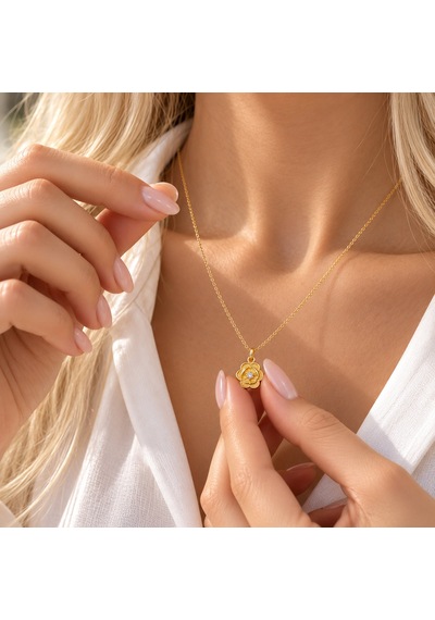 925 Ayar Gümüş Altın Kaplama Taşlı Minimal Çiçek Kolye Gold
