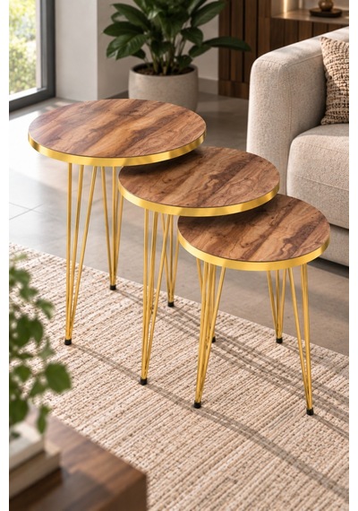 Sulorahome Gold Ceviz Desenli Zigon Sehpa Seti Ceviz - Altın